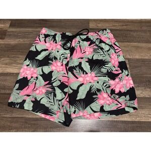 PacSun Swim Trunks Mens SMALL Lined Board Shorts Black Maui Floral Hawaiian Pink